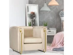 Fauteuil Art Déco Edward Cadre En Métal Doré Et Velours Taupe Clair -Fauteuil Boutique canape 15600289