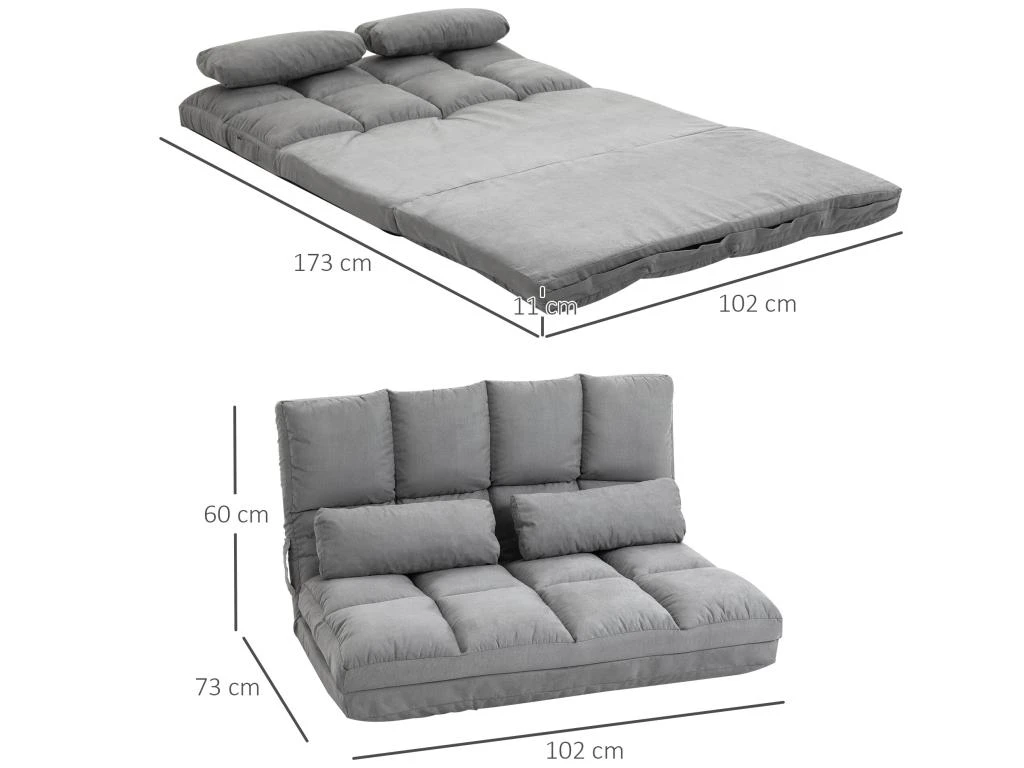 Chauffeuse - Matelas D'appoint Pliant - Fauteuil Convertible - Inclinaison Dossier Réglable 14 Positions - 2 Coussins Inclus - Polyester Aspect Suédé Gris 3 Chauffeuse - Matelas D'appoint Pliant - Fauteuil Convertible - Inclinaison Dossier Réglable 14 Positions - 2 Coussins Inclus - Polyester Aspect Suédé Gris – Image 3