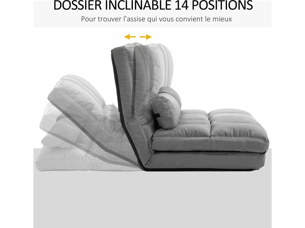 Chauffeuse - Matelas D'appoint Pliant - Fauteuil Convertible - Inclinaison Dossier Réglable 14 Positions - 2 Coussins Inclus - Polyester Aspect Suédé Gris 4 Chauffeuse - Matelas D'appoint Pliant - Fauteuil Convertible - Inclinaison Dossier Réglable 14 Positions - 2 Coussins Inclus - Polyester Aspect Suédé Gris – Image 4