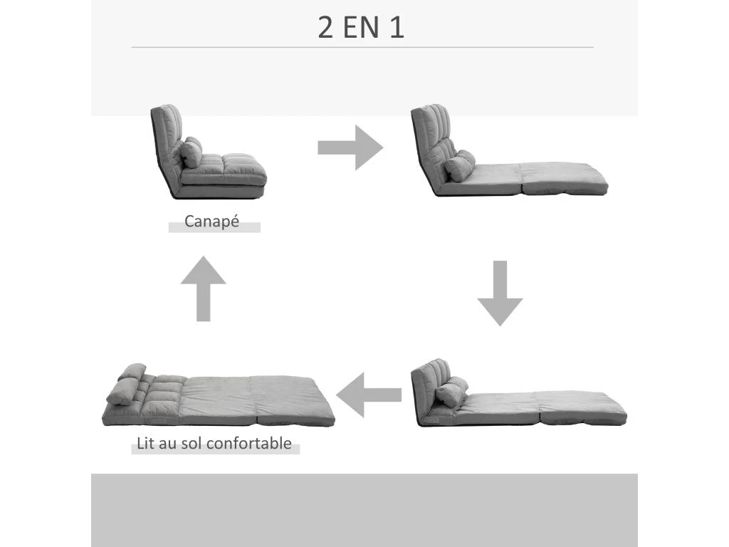 Chauffeuse - Matelas D'appoint Pliant - Fauteuil Convertible - Inclinaison Dossier Réglable 14 Positions - 2 Coussins Inclus - Polyester Aspect Suédé Gris 5 Chauffeuse - Matelas D'appoint Pliant - Fauteuil Convertible - Inclinaison Dossier Réglable 14 Positions - 2 Coussins Inclus - Polyester Aspect Suédé Gris – Image 5