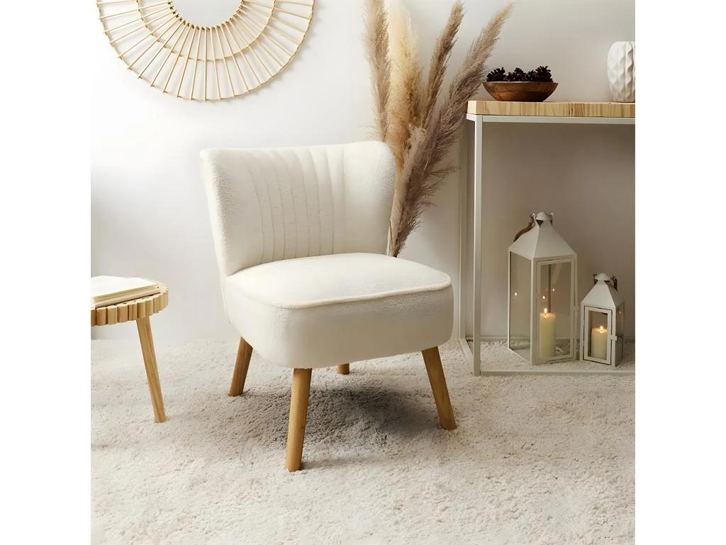 KELIOS - Fauteuil En Tissu Bouclettes Blanc Pieds Bois Naturel 2 KELIOS - Fauteuil En Tissu Bouclettes Blanc Pieds Bois Naturel – Image 2