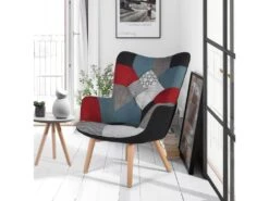 Fauteuil Scandinave Chaise De Canapé De Loisirs Pour Salon Salle à Manger Bureau Avec Un Revêtement En Tissu Patchwork, Accoudoirs Rembourés Et Des Pieds En Bois Massif -Fauteuil Boutique fauteuil 11509977