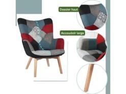 Fauteuil Scandinave Chaise De Canapé De Loisirs Pour Salon Salle à Manger Bureau Avec Un Revêtement En Tissu Patchwork, Accoudoirs Rembourés Et Des Pieds En Bois Massif -Fauteuil Boutique fauteuil 11509985