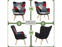 Fauteuil Scandinave Chaise De Canapé De Loisirs Pour Salon Salle à Manger Bureau Avec Un Revêtement En Tissu Patchwork, Accoudoirs Rembourés Et Des Pieds En Bois Massif -Fauteuil Boutique fauteuil 11509987