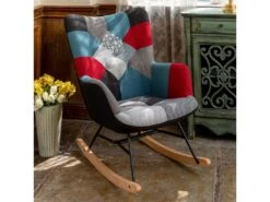 Fauteuil à Bascule Allaitement Scandinave Chaise Loisir Et Repos En Tissu Patchwork Avec Pieds En E' Bois Métal Pour Salon, Chambre, Le Balcon -Fauteuil Boutique fauteuil 11510061