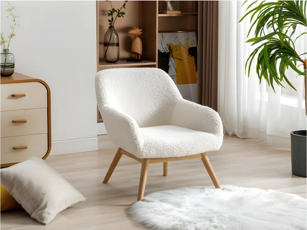 MALMO, Fauteuil Lounge En Tissu Bouclé écru Et Hévéa Naturel 2 MALMO, Fauteuil Lounge En Tissu Bouclé écru Et Hévéa Naturel – Image 2