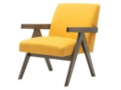 WARREN - Fauteuil Lounge En Tissu Moutarde Et Bois Teinté Noyer Gris