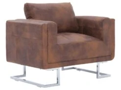 Fauteuil Chaise Siège Lounge Design Club Sofa Salon Cube Marron Synthétique Daim 1102275