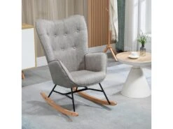 Fauteuil à Bascule Style Rocking Chair - Style Scandinave - Tissu Gris Clair - Pieds En Véritable Bois De Hêtre - 68x 85x96cm , Gris Tissu -Fauteuil Boutique fauteuil 12704247