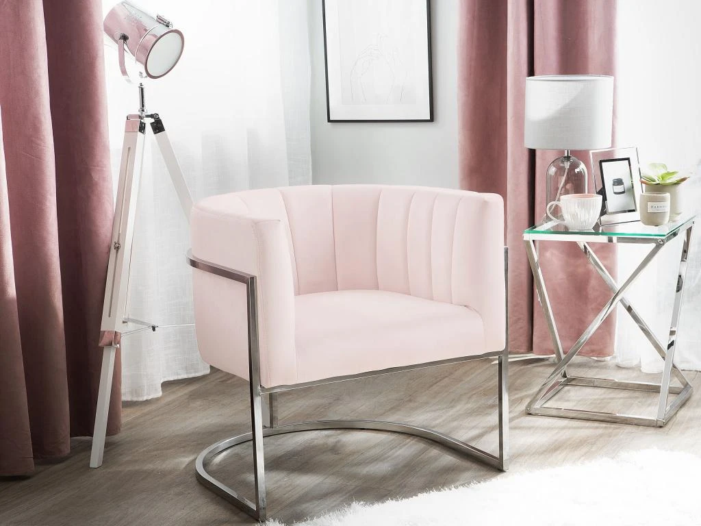 Fauteuil En Velours Rose Pâle LARVIK 2 Fauteuil En Velours Rose Pâle LARVIK – Image 2
