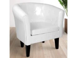 Fauteuil Chesterfield Avec Repose Pied En Synthétique Avec éléments Décoratifs Touffetés Chaise Cabriolet Tabouret Pouf Meuble De Salon Blanc 01_0000109