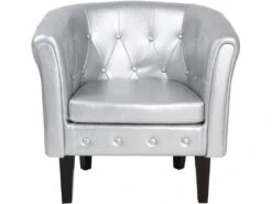 Fauteuil Chesterfield Avec Repose Pied En Synthétique Avec éléments Décoratifs Touffetés Chaise Cabriolet Tabouret Pouf Meuble De Salon Argenté 01_0000108