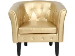 Fauteuil Chesterfield Avec Repose Pied En Synthétique Avec éléments Décoratifs Touffetés Chaise Cabriolet Tabouret Pouf Meuble De Salon Doré 01_0000107