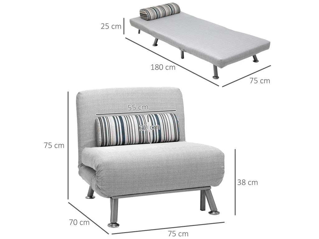 Fauteuil Convertible 3 En 1 Chauffeuse Lit 1 Place Avec Coussin Gris 3 Fauteuil Convertible 3 En 1 Chauffeuse Lit 1 Place Avec Coussin Gris – Image 3