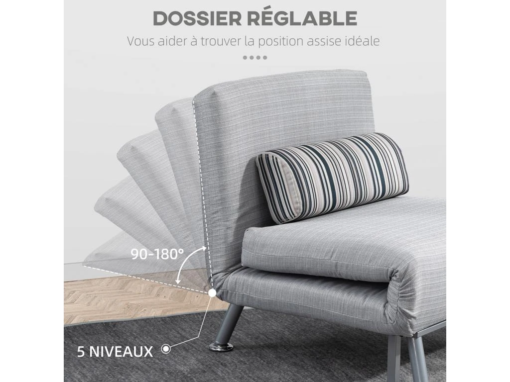 Fauteuil Convertible 3 En 1 Chauffeuse Lit 1 Place Avec Coussin Gris 4 Fauteuil Convertible 3 En 1 Chauffeuse Lit 1 Place Avec Coussin Gris – Image 4