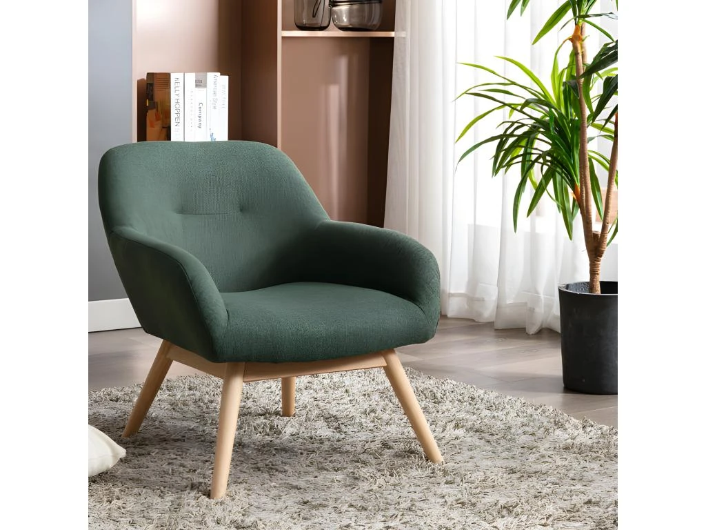 MALMO - Fauteuil Scandinave Tissu Vert Forêt Pieds Bois 2 MALMO - Fauteuil Scandinave Tissu Vert Forêt Pieds Bois – Image 2