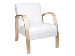 KAUPA - Fauteuil En Tissu Bouclettes Blanc Accoudoirs Bois