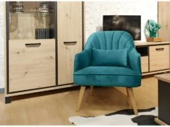 Fauteuil Velours Bleu Canard Scandinave Pieds Bois - LOUKIA