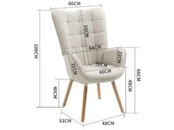Fauteuil Scandinave Chaise De Canapé De Loisirs Pour Salon Salle à Manger Bureau Avec Un Revêtement En Tissu, Accoudoirs Rembourés Et Des Pieds En Bois Massif, Beige, 66x71x110cm -Fauteuil Boutique fauteuil 9487553