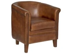 Fauteuil En Cuir Marron Cognac Et Pieds En Bois De Manguier