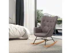 Fauteuil à Bascule Style Rocking Chair - Style Scandinave - Tissu Gris - Pieds En Véritable Bois De Hêtre , Gris Foncé Tissu /Gris Foncé Tissu -Fauteuil Boutique fauteuil 9491051