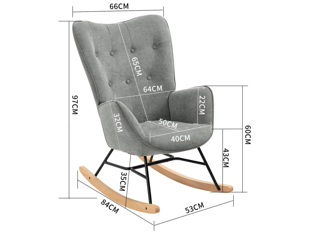 Fauteuil à Bascule Allaitement Scandinave Chaise Loisir Et Repos En Tissu Avec Pieds En E' Bois Métal Pour Salon, Chambre, Massif, Gris 5 Fauteuil à Bascule Allaitement Scandinave Chaise Loisir Et Repos En Tissu Avec Pieds En E' Bois Métal Pour Salon, Chambre, Massif, Gris – Image 5