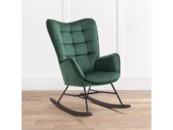 Fauteuil à Bascule Allaitement Rétro Chaise Loisir Et Repos En Velours Avec Pieds En E' Bois Métal Pour Salon, Chambre, Massif, Vert, 66x84x97cm