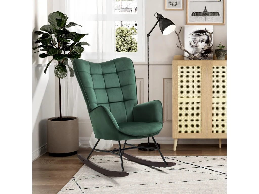 Fauteuil à Bascule Allaitement Rétro Chaise Loisir Et Repos En Velours Avec Pieds En E' Bois Métal Pour Salon, Chambre, Massif, Vert, 66x84x97cm 2 Fauteuil à Bascule Allaitement Rétro Chaise Loisir Et Repos En Velours Avec Pieds En E' Bois Métal Pour Salon, Chambre, Massif, Vert, 66x84x97cm – Image 2