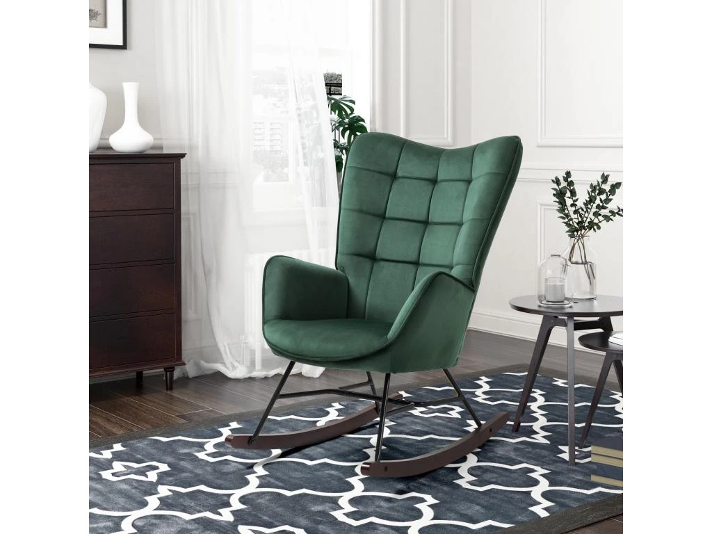 Fauteuil à Bascule Allaitement Rétro Chaise Loisir Et Repos En Velours Avec Pieds En E' Bois Métal Pour Salon, Chambre, Massif, Vert, 66x84x97cm 3 Fauteuil à Bascule Allaitement Rétro Chaise Loisir Et Repos En Velours Avec Pieds En E' Bois Métal Pour Salon, Chambre, Massif, Vert, 66x84x97cm – Image 3