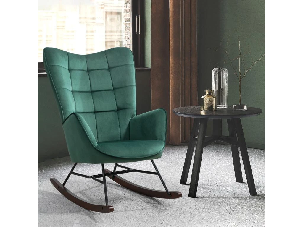 Fauteuil à Bascule Allaitement Rétro Chaise Loisir Et Repos En Velours Avec Pieds En E' Bois Métal Pour Salon, Chambre, Massif, Vert, 66x84x97cm 4 Fauteuil à Bascule Allaitement Rétro Chaise Loisir Et Repos En Velours Avec Pieds En E' Bois Métal Pour Salon, Chambre, Massif, Vert, 66x84x97cm – Image 4