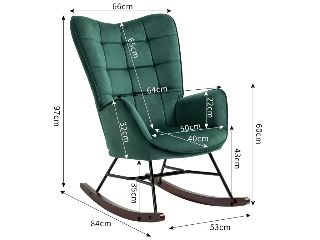 Fauteuil à Bascule Allaitement Rétro Chaise Loisir Et Repos En Velours Avec Pieds En E' Bois Métal Pour Salon, Chambre, Massif, Vert, 66x84x97cm 5 Fauteuil à Bascule Allaitement Rétro Chaise Loisir Et Repos En Velours Avec Pieds En E' Bois Métal Pour Salon, Chambre, Massif, Vert, 66x84x97cm – Image 5
