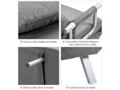 Fauteuil Chauffeuse Canapé-lit Convertible 1 Place Déhoussable Grand Confort Coussin Pieds Accoudoirs Métal Suède Gris -Fauteuil Boutique fauteuil 9491329