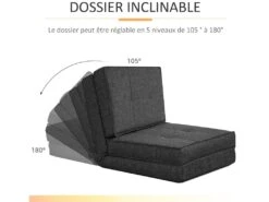 Chauffeuse - Matelas D'appoint Pliant - Fauteuil Convertible - Inclinaison Dossier Réglable 5 Positions - Tissu Polyester Aspect Lin Gris -Fauteuil Boutique fauteuil 9491339