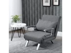 Fauteuil Chauffeuse Canapé-lit Convertible 1 Place Déhoussable Grand Confort Coussin Pieds Accoudoirs Métal Lin Gris Clair