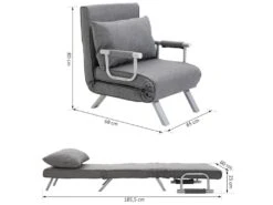 Fauteuil Chauffeuse Canapé-lit Convertible 1 Place Déhoussable Grand Confort Coussin Pieds Accoudoirs Métal Lin Gris Clair -Fauteuil Boutique fauteuil 9491373