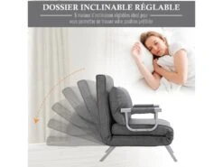 Fauteuil Chauffeuse Canapé-lit Convertible 1 Place Déhoussable Grand Confort Coussin Pieds Accoudoirs Métal Lin Gris Clair -Fauteuil Boutique fauteuil 9491375