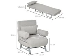 Fauteuil Chauffeuse Canapé-lit Convertible Inclinable 1 Place Grand Confort Coussin Lombaires Accoudoirs Piètement Métal Lin Gris Clair -Fauteuil Boutique fauteuil 9491383
