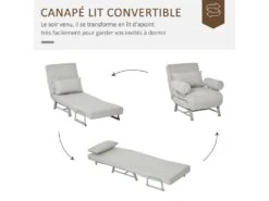 Fauteuil Chauffeuse Canapé-lit Convertible Inclinable 1 Place Grand Confort Coussin Lombaires Accoudoirs Piètement Métal Lin Gris Clair -Fauteuil Boutique fauteuil 9491387