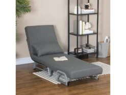 Fauteuil Chauffeuse Canapé-lit Convertible Inclinable 1 Place Grand Confort Coussin Lombaires Accoudoirs Piètement Métal Lin Gris Foncé -Fauteuil Boutique fauteuil 9491405