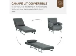 Fauteuil Chauffeuse Canapé-lit Convertible Inclinable 1 Place Grand Confort Coussin Lombaires Accoudoirs Piètement Métal Lin Gris Foncé -Fauteuil Boutique fauteuil 9491407