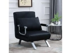 Fauteuil Chauffeuse Canapé-lit Convertible 1 Place Déhoussable Grand Confort Coussin Pieds Accoudoirs Métal Suède Noir