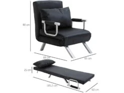 Fauteuil Chauffeuse Canapé-lit Convertible 1 Place Déhoussable Grand Confort Coussin Pieds Accoudoirs Métal Suède Noir -Fauteuil Boutique fauteuil 9491463