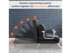 Fauteuil Chauffeuse Canapé-lit Convertible 1 Place Déhoussable Grand Confort Coussin Pieds Accoudoirs Métal Suède Noir -Fauteuil Boutique fauteuil 9491467