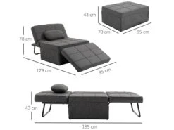 Fauteuil Chauffeuse Chaise Longue Pouf 3 En 1 Dossier Inclinable 5 Niveaux Repose-pied Rabattable Châssis Métal Noir Lin Gris -Fauteuil Boutique fauteuil 9491491