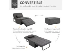 Fauteuil Chauffeuse Chaise Longue Pouf 3 En 1 Dossier Inclinable 5 Niveaux Repose-pied Rabattable Châssis Métal Noir Lin Gris -Fauteuil Boutique fauteuil 9491493