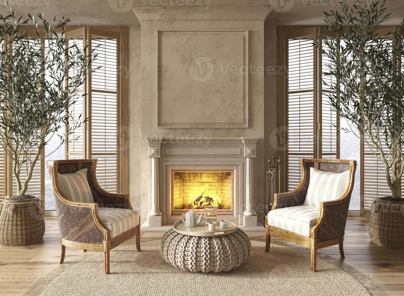 Fauteuil Boutique -Fauteuil Boutique 3679843 interieur de salon de style ferme scandinave avec cheminee et mock up de mur de grandes fenetres 3d render illustration photo